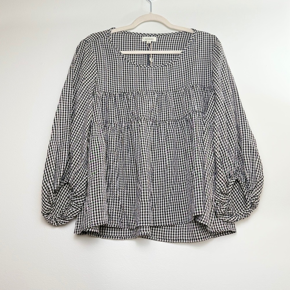 Max Studio Womens Black White Gingham Ladder Lace Babydoll Blouse NWT M 1701J37